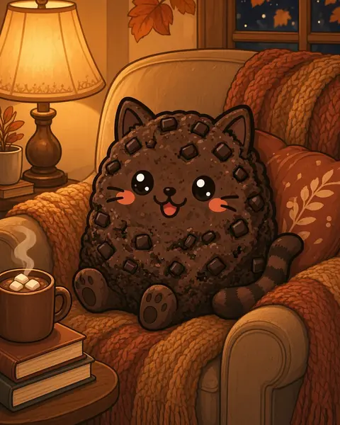 Browniecat, a cartoon cat made out of a chocolate brownie with chocolate chunks, sitting in a cosy armchair with knitted blankets beside a glowing lamp, a stack of books and a mug of hot chocolate