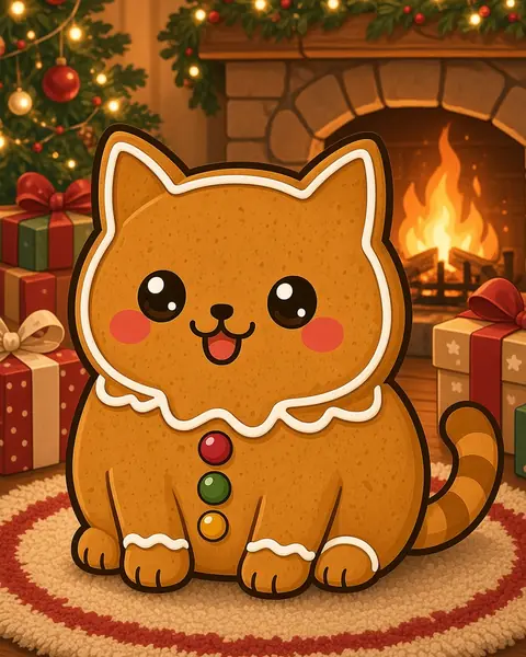 Gingerbreadcat, a cartoon cat made out of a gingerbread biscuit with white icing trim and three sweetie buttons, sitting on a rug in front of a glowing fireplace, a Christmas tree and presents