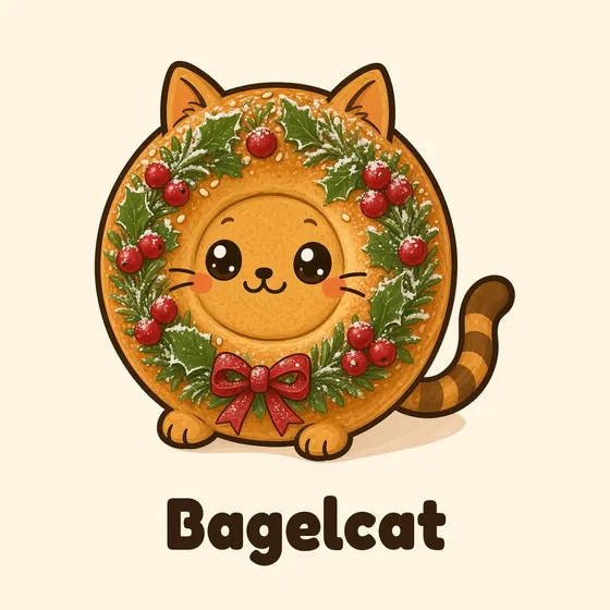 Bagelcat, a cartoon cat made out of a golden sesame bagel with its face in the hole, decorated as a Christmas wreath with greenery, cranberries and a red bow