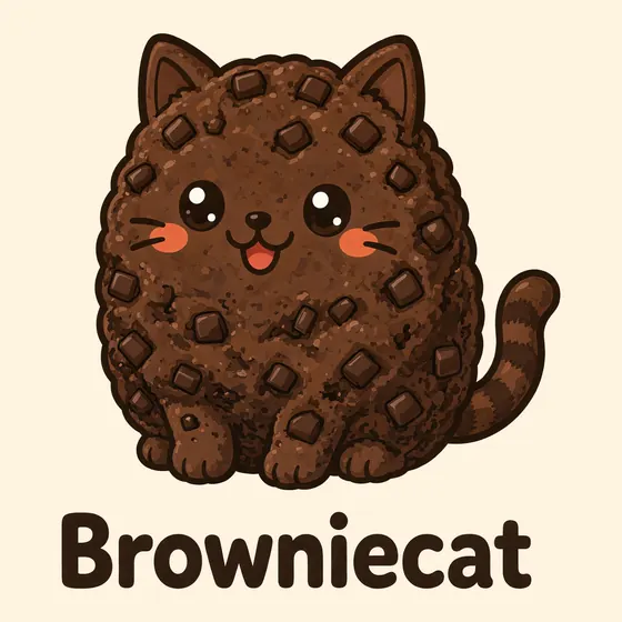 Browniecat, a cartoon cat made out of a dark chocolate brownie studded with chocolate chunks, with rosy cheeks and a dark brown striped tail