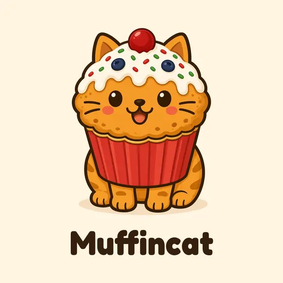 Muffincat, a cartoon cat made out of a muffin, in its Christmas look with a snowy icing cap, red and green sprinkles, a glacé cherry and a berry-red paper case