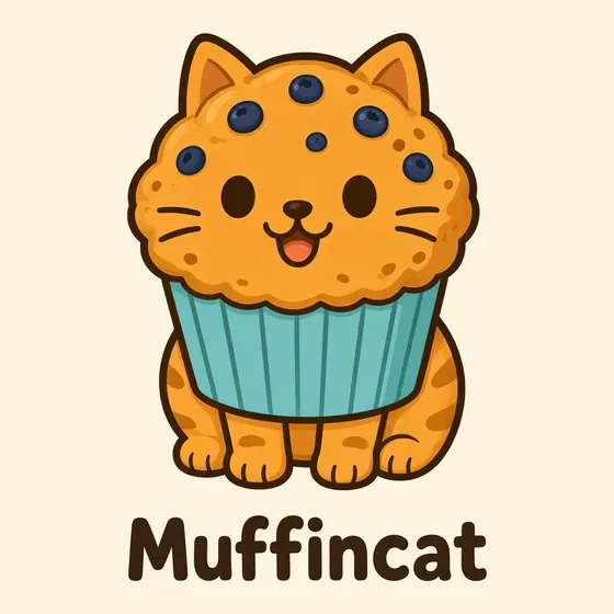 Muffincat, a cartoon cat made out of a blueberry muffin, with a domed golden muffin-top head dotted with blueberries and a pleated blue paper case