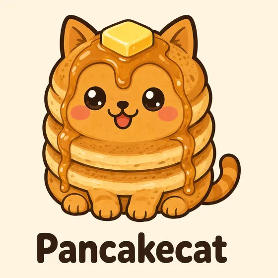 Pancakecat, a cartoon cat made out of a stack of fluffy golden pancakes, with a pat of butter on top and golden syrup dripping down the sides