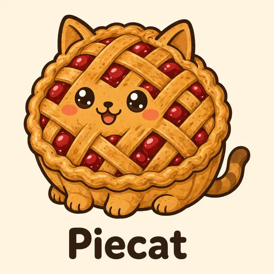 Piecat, a cartoon cat made out of a round cherry pie with a crimped crust and a woven pastry lattice top, smiling widely