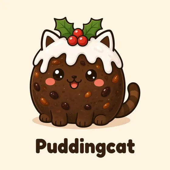 Puddingcat, a cartoon cat made out of a round, dark Christmas pudding with white icing drizzled over the top and a sprig of holly