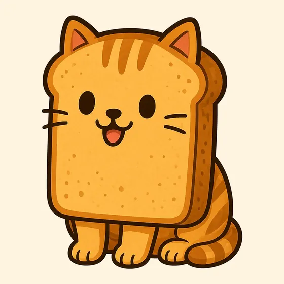 Toastcat, a cartoon cat made out of a golden slice of toast with a crusty edge, orange tabby stripes, a happy open smile, ginger legs and a stripy tail