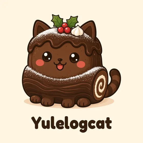 Yulelogcat, a cartoon cat made out of a chocolate yule log with a swirled sponge end, a dusting of icing sugar and a sprig of holly