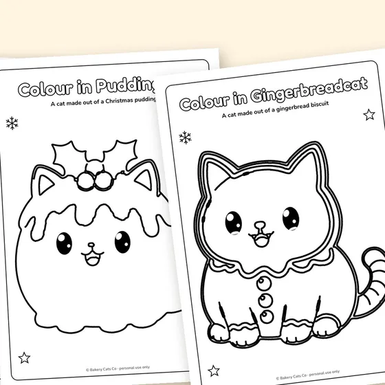 Two pages from the printable colouring pack: Colour in Puddingcat and Colour in Gingerbreadcat, black line art on white