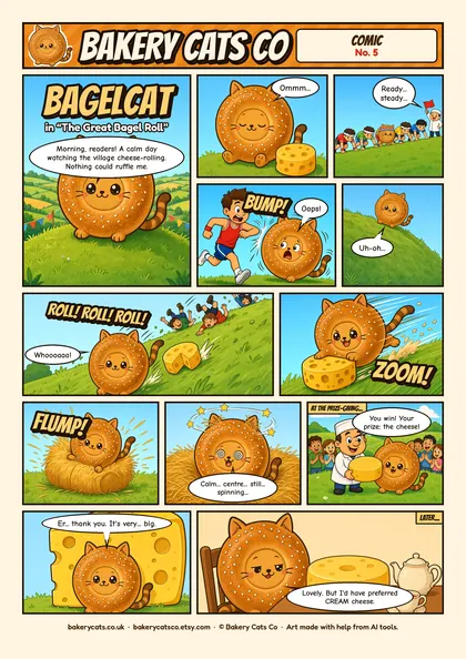 Cover of the Bakery Cats Co comic The Great Bagel Roll, starring Bagelcat