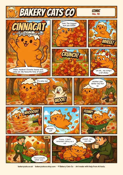 Cover of the Bakery Cats Co comic The Sticky Leaf Pile, starring Cinnacat