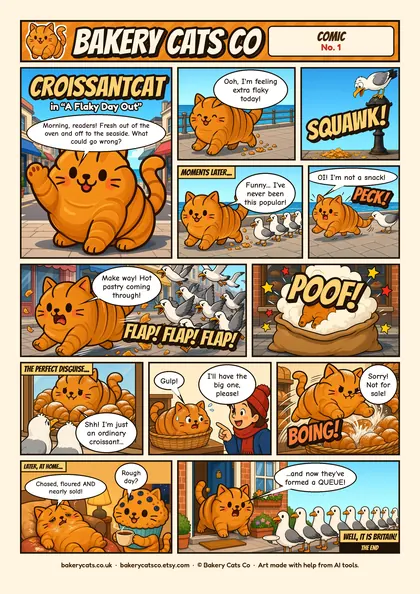 Cover of the Bakery Cats Co comic A Flaky Day Out, starring Croissantcat