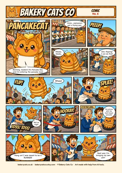Cover of the Bakery Cats Co comic Flipping Brilliant, starring Pancakecat
