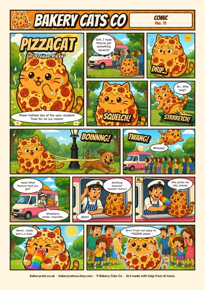 Cover of the Bakery Cats Co comic Frozen Pizza, starring Pizzacat