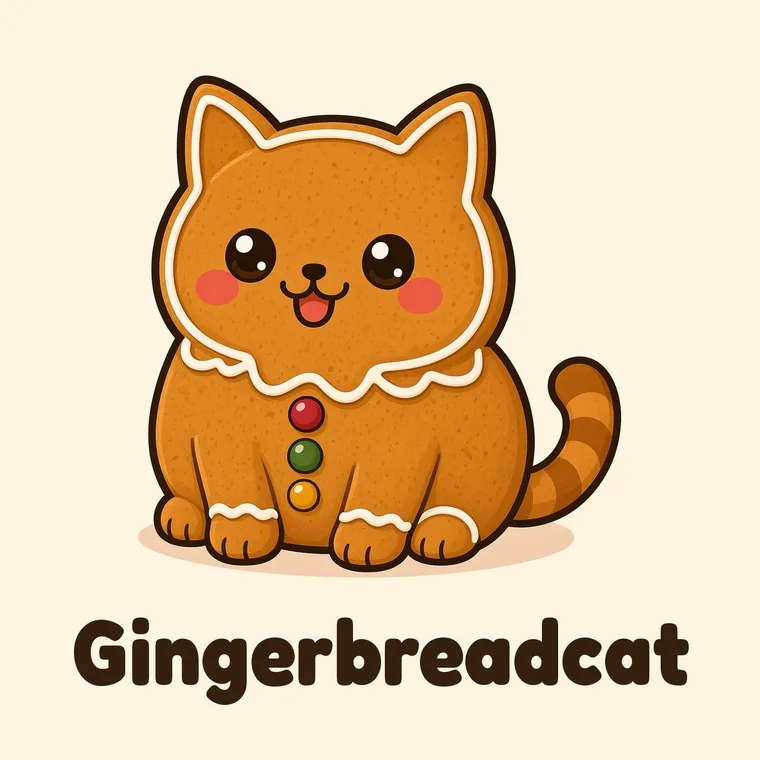 Gingerbreadcat, a cartoon cat made out of gingerbread with white icing and three sweetie buttons
