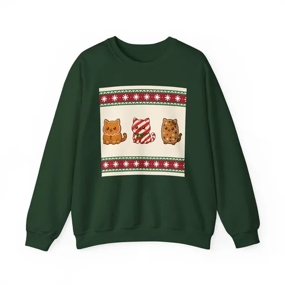 Etsy listing photo of the Bakery Cats Christmas jumper sweatshirt