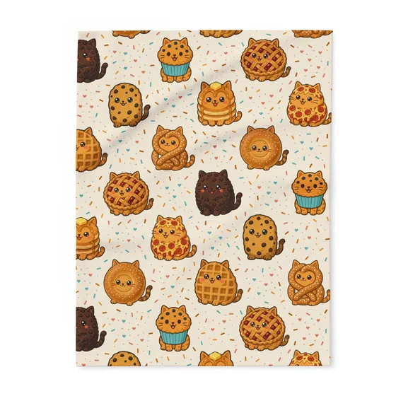 Etsy listing photo of the Bakery Toss fleece blanket, bakery cats scattered on cream
