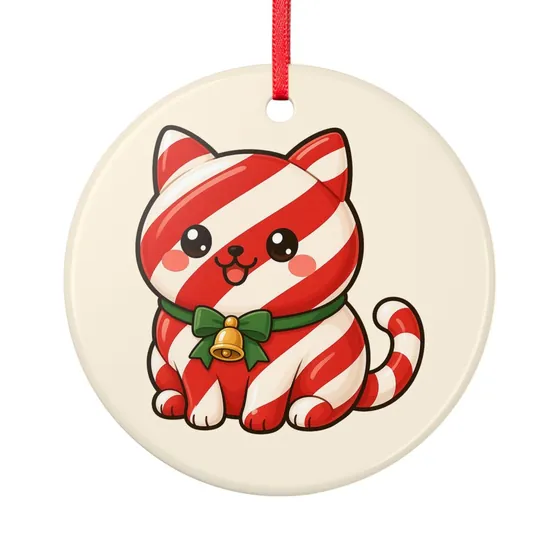 Etsy listing photo of the Candycanecat ceramic ornament