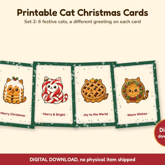 Etsy listing photo of six printable Christmas cards featuring Pancakecat, Cookiecat, Pretzelcat, Piecat, Muffincat and Bagelcat