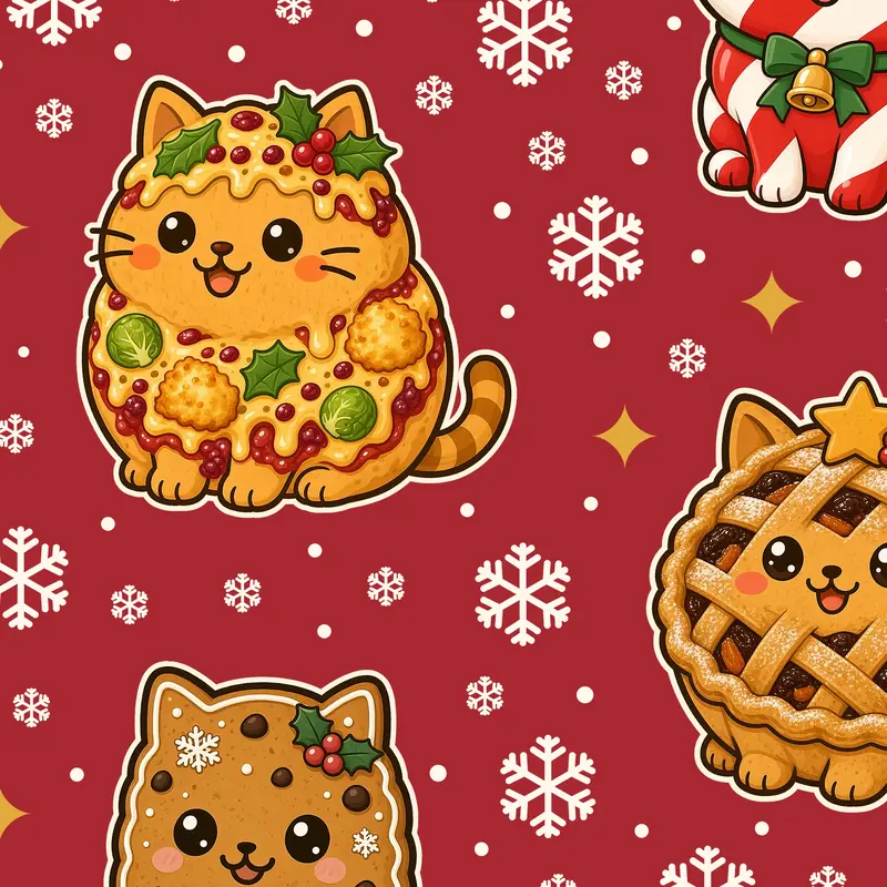 Snowy Bakery pattern: festive bakery cats and snowflakes on berry red