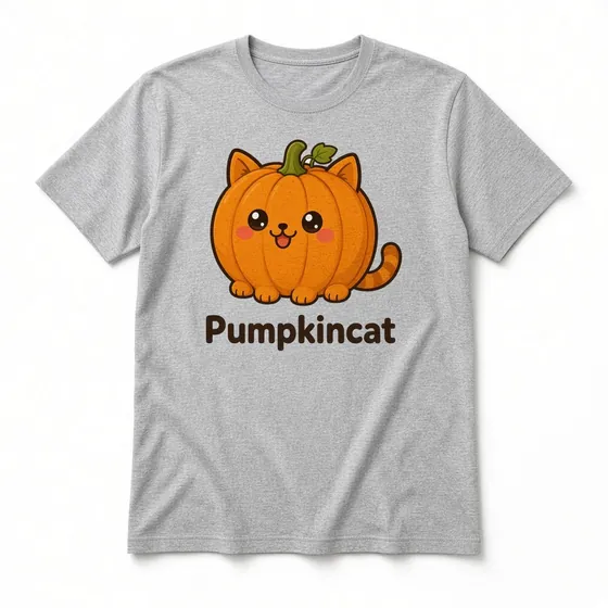 Pumpkincat T-shirt mockup: Sport Grey crew-neck tee laid flat with the Pumpkincat design and name printed on the chest