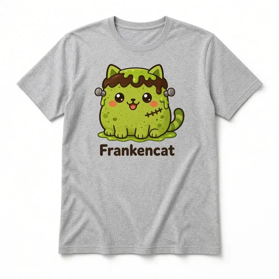 Frankencat T-shirt mockup: Sport Grey crew-neck tee laid flat with the Frankencat design and name printed on the chest