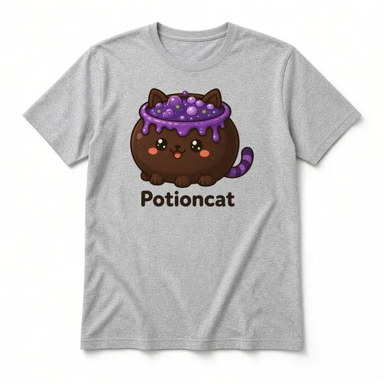 Potioncat T-shirt mockup: Sport Grey crew-neck tee laid flat with the Potioncat design and name printed on the chest