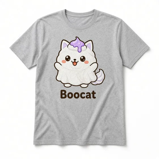 Boocat T-shirt mockup: Sport Grey crew-neck tee laid flat with the Boocat design and name printed on the chest