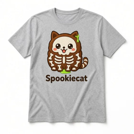 Spookiecat T-shirt mockup: Sport Grey crew-neck tee laid flat with the Spookiecat design and name printed on the chest