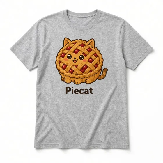 Piecat T-shirt mockup: Sport Grey crew-neck tee laid flat with the Piecat design and name printed on the chest