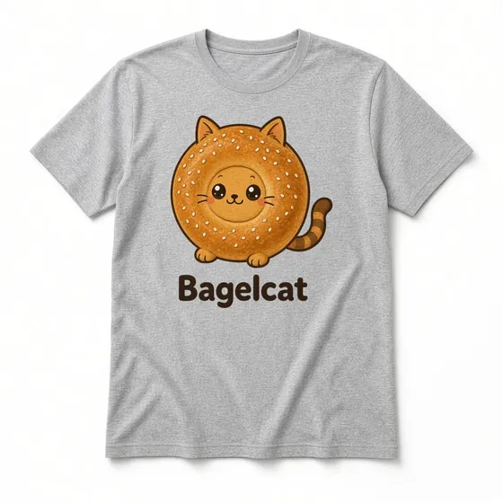 Bagelcat T-shirt mockup: Sport Grey crew-neck tee laid flat with the Bagelcat design and name printed on the chest