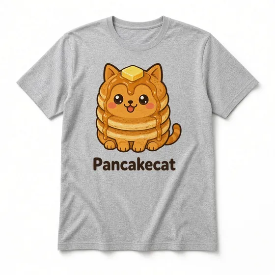 Pancakecat T-shirt mockup: Sport Grey crew-neck tee laid flat with the Pancakecat design and name printed on the chest