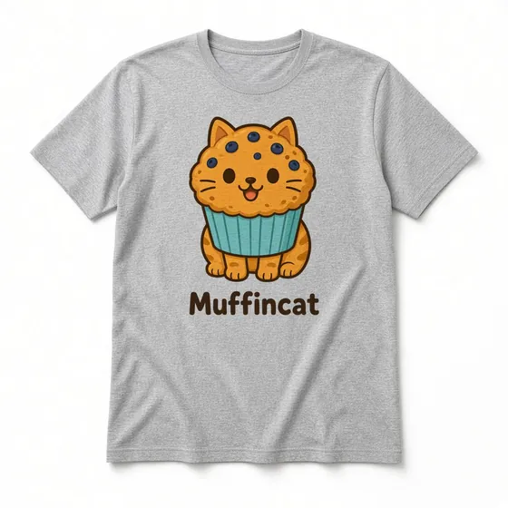 Muffincat T-shirt mockup: Sport Grey crew-neck tee laid flat with the Muffincat design and name printed on the chest