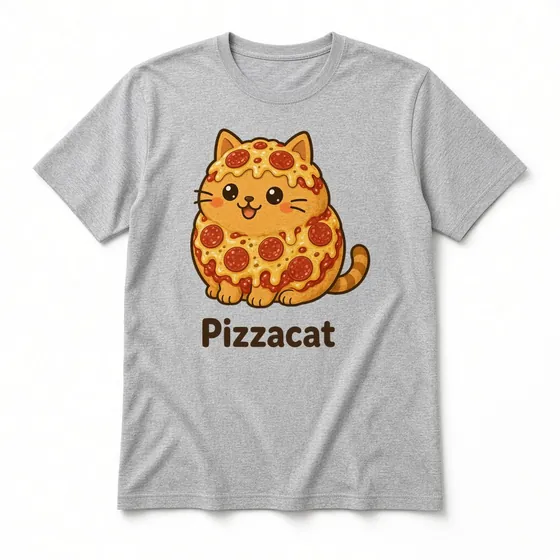 Pizzacat T-shirt mockup: Sport Grey crew-neck tee laid flat with the Pizzacat design and name printed on the chest