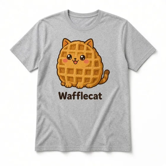 Wafflecat T-shirt mockup: Sport Grey crew-neck tee laid flat with the Wafflecat design and name printed on the chest