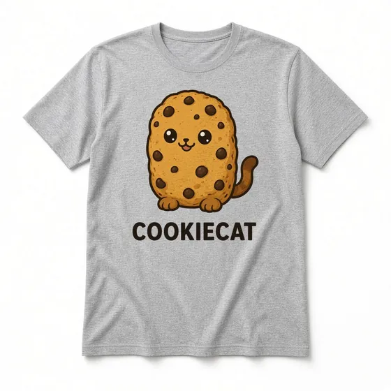 Cookiecat T-shirt mockup: Sport Grey crew-neck tee laid flat with the Cookiecat design and name printed on the chest