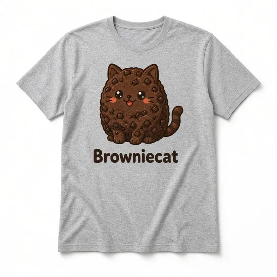 Browniecat T-shirt mockup: Sport Grey crew-neck tee laid flat with the Browniecat design and name printed on the chest