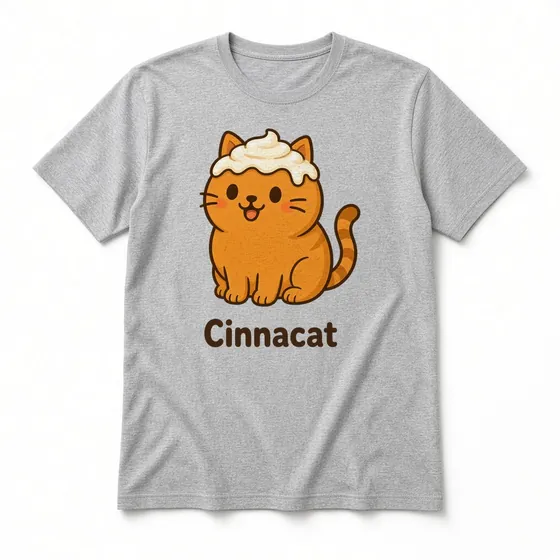 Cinnacat T-shirt mockup: Sport Grey crew-neck tee laid flat with the Cinnacat design and name printed on the chest