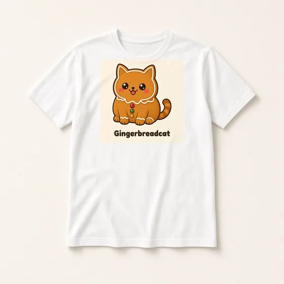 Gingerbreadcat T-shirt mockup: White crew-neck tee laid flat with the Gingerbreadcat design and name printed on the chest