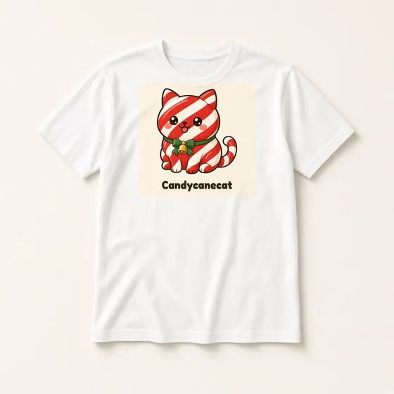 Candycanecat T-shirt mockup: White crew-neck tee laid flat with the Candycanecat design and name printed on the chest